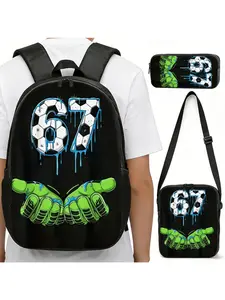 AIKY & 3-in-1 Backpack, Crossbody Bag & Pencil Case with '67' Soccer & Boxing Gloves - Green Graphics, Urban Street Style for Gym,, Commute - Matchout (No Dry)