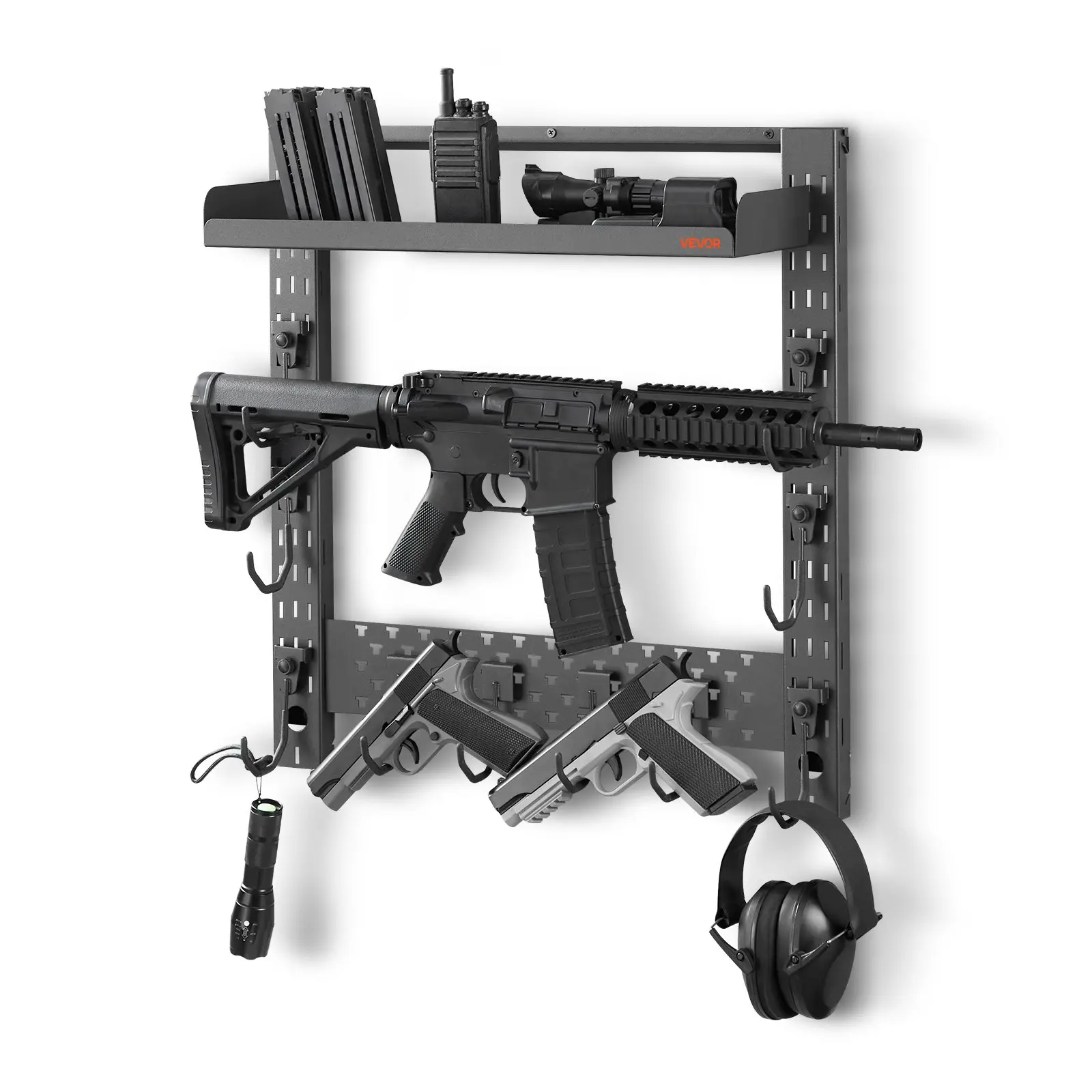VEVOR Powder Coated Wall Mount Gun Organiser, Sturdy Heavy-Duty Steel Rifle Shotgun Rack with PVC J-Hooks, Space-Saving Additional Tray Storage, Scratch Resistant Multifunctional Tactical Gear Holder, Easy Installation, Holds Up to 3 Firearms