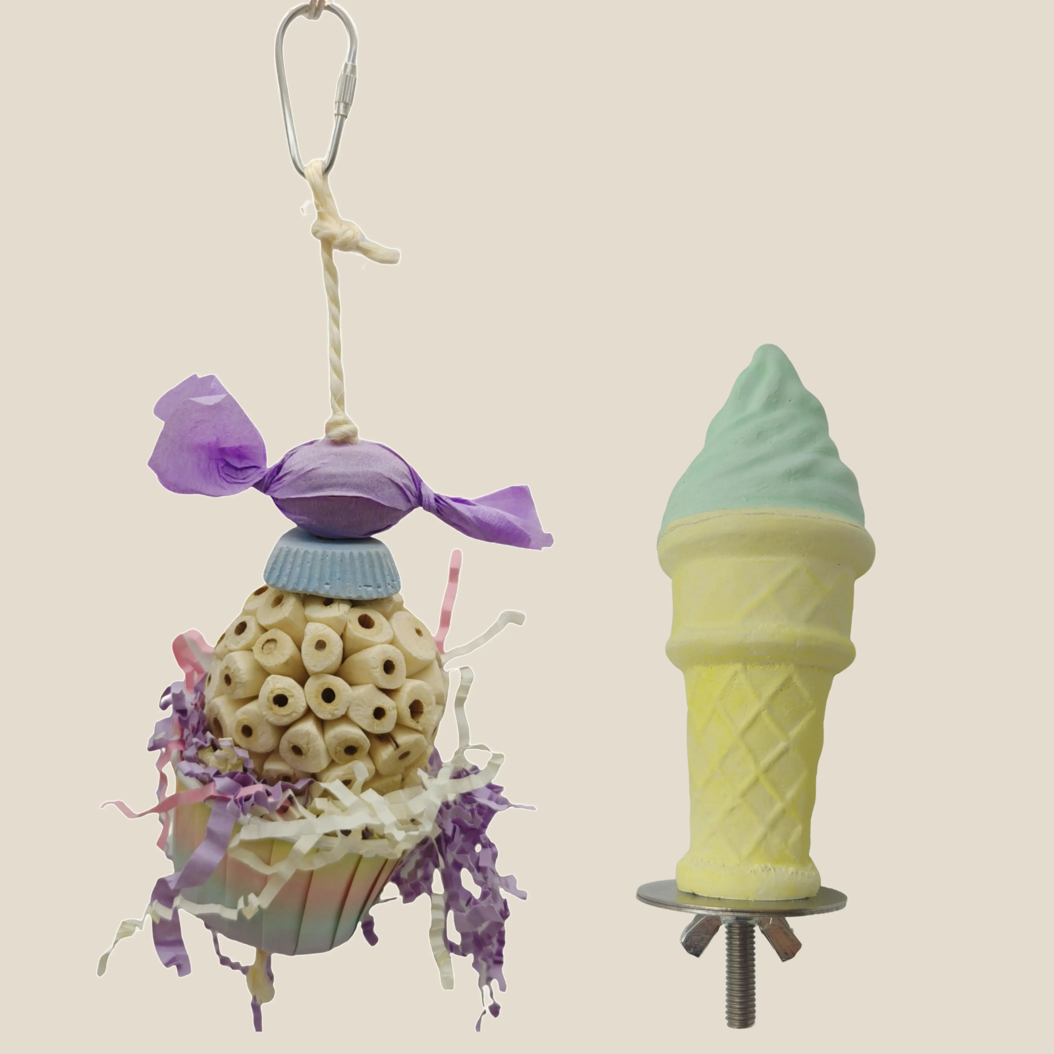 Bird Chew Toy Set - 2-Piece 1.8"x5.7" Mineral Ice Cream Stand Perch & Cupcake Shredder, Dual Perch + Play Calcium Supplement Station with Edible Treats, Festive Look Long Chew for Small/Medium Parrots