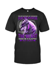 Never Mistake My Kindness for Weakness Wolf Graphic T-Shirt - Black with Purple Wolf & Text Design Soft Breathable Fabric Regular Fit Round Neck Machine Washable Casual Tee for Men & Women All-Occasion Comfort Trendy Gift Idea Everyday Outfit Bold Print D