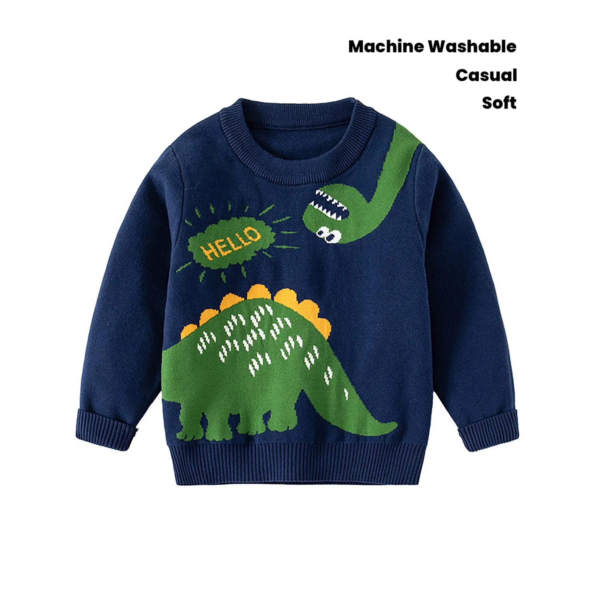 Boys' Dinosaur Knit Sweater Navy Blue with Green & Yellow Dinosaur Jacquard, "HELLO" Lettering & Playful Dino Design - Soft Warm Round Neck Pullover for Fall Winter, Machine Washable Casual Kids Sweater