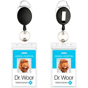 2-Pack Retractable Badge Reels with Clear ID Card Holders - Heavy Duty Vertical Lanyard Design, Carabiner Attachment, and 24-Inch Pull Cord