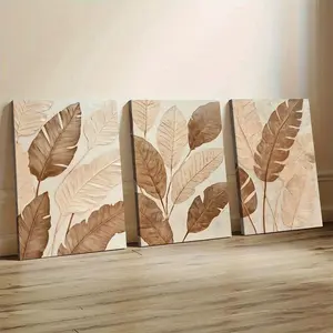 3count Exquisite   Canvas Wrapped Paintings Abstract Leaves Canvas Print, Beige Brown