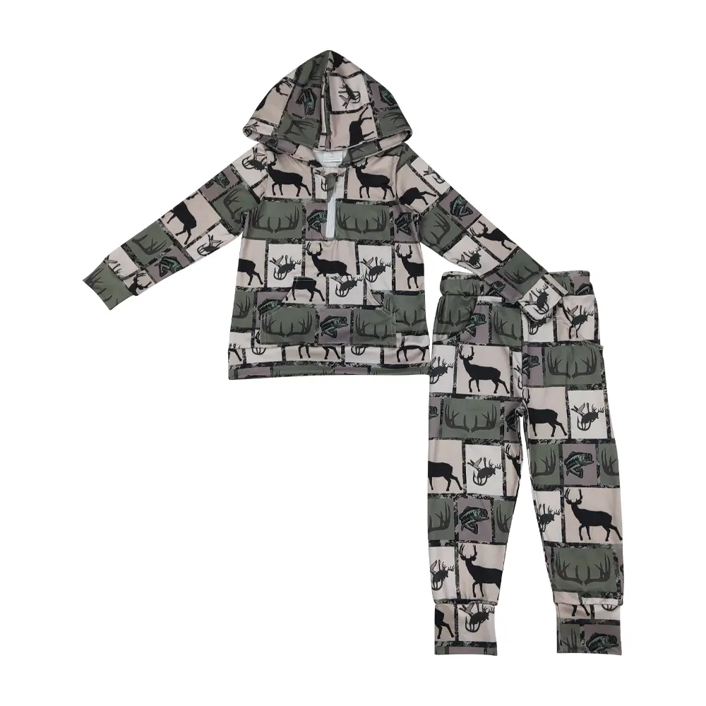 Boys' 2-Piece Casual Matching Set, Deer Hunting Print Long-Sleeve Hoodie and Pants Outfit for Outdoor Adventures, Casual Set