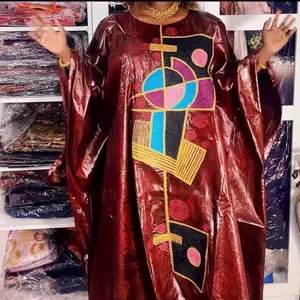 Burgundy Bazin Boubou with Modern Multicolor Embroidery
