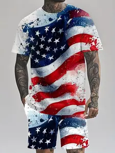 Men's Summer Fashion Set, American Flag Print Short Sleeve T-Shirt + Shorts, Micro-Elastic Fabric, Geometric Pattern, Casual Wear