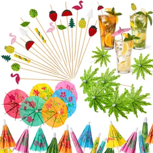 160PCS Cocktail Drink Accessories 60 Drink Cocktail Umbrellas 100 4.7 Inch Fruit Picks Summer Coconut Palm Colorful Bamboo Toothpicks Tropical Luau Hawaiian Beach Party Decorations