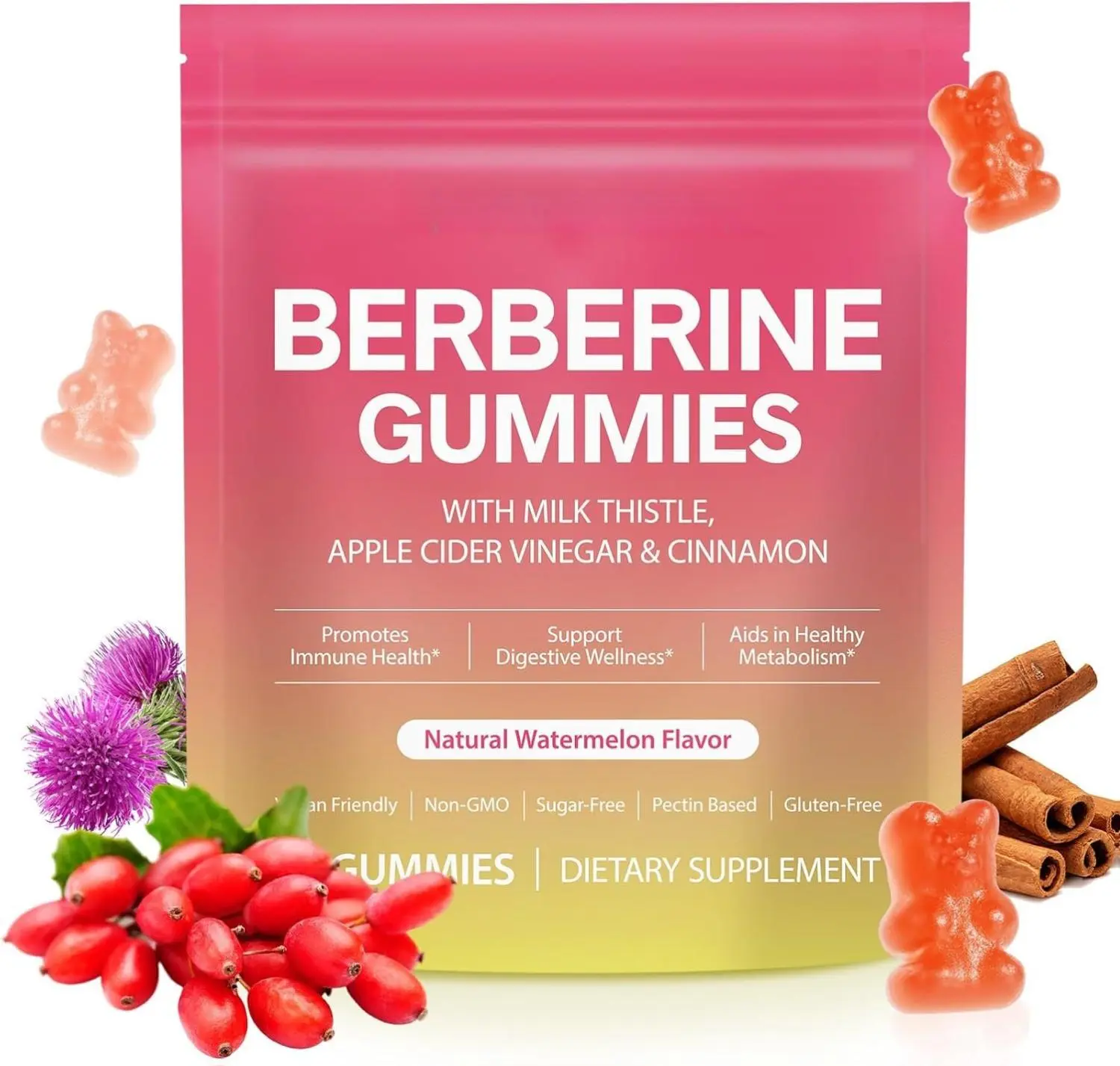 Berberine Complex Gummies with Ceylon Cinnamon, Milk Thistle & Apple Cider Vinegar, Vegan Sugar-Free Supplement, Gluten-Free, Metabolism Support