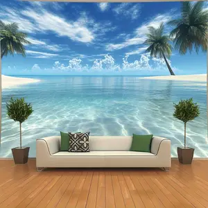 Large Tropical Beach Landscape Tapestry, 2D Flat Wall Decor with Palm Trees and Clear Waters, Bedroom and Living Room Decoration