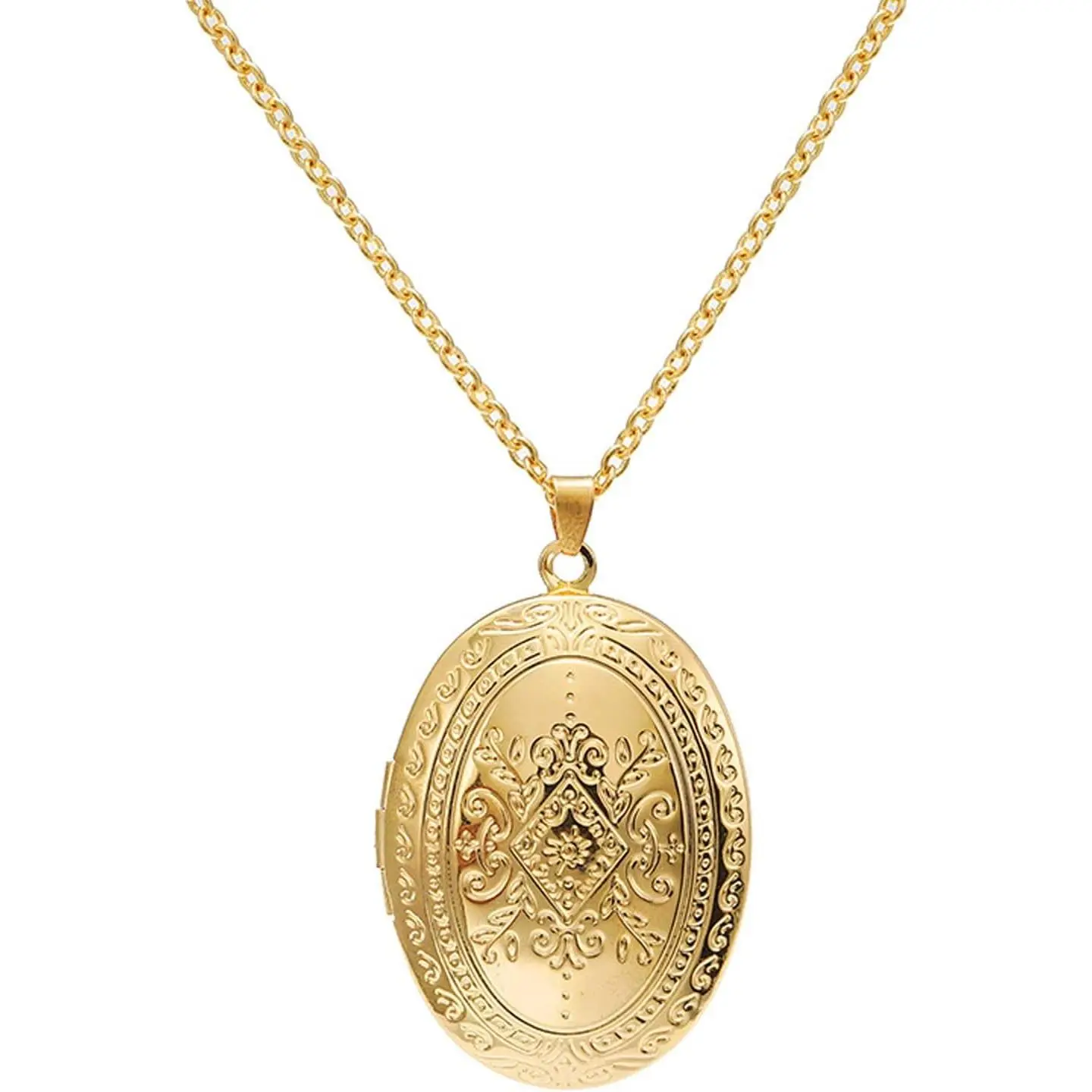 Vintage Engraved Flower Locket Picture Pendant Necklace Oval Heart Locket Hold Photo Picture Pendant Necklace Memory Jewelry