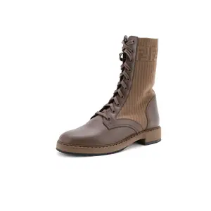 Pre-owned Fendi Women's Rockoko Combat Boots Leather with Knit Stretch Fabric and Zucca Trim by Rebag