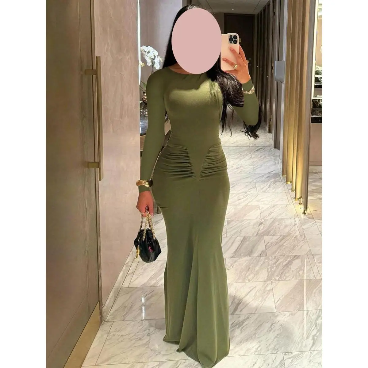 Women's Elegant Ruched Bodycon Dress, Plain Long Sleeve Round Neck Style, Slim Fit Poly Jersey for Party, Ruching Detail, Machine Washable