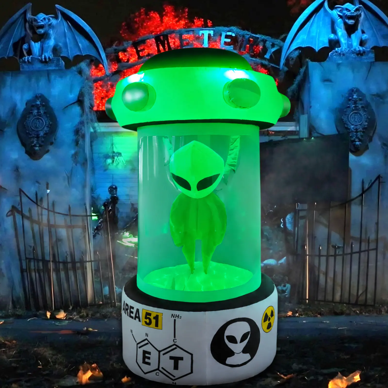 8FT Alien Halloween Decorations Inflatable Outdoor Decoration Wide Sturdy Bottom, Alien Inflatable Halloween Decor Outdoor with LED Lights Blow up Alien Decoration for Garden Lawn Decor