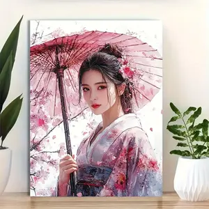 A Japanese Samurai Woman Painting, 2D Flat Wall Art Decoration, Geisha Warrior Wearing Kimono, Martial Arts Theme, Ready to Hang, Frame-Free, Art Wall Decoration, Perfect Room Decoration