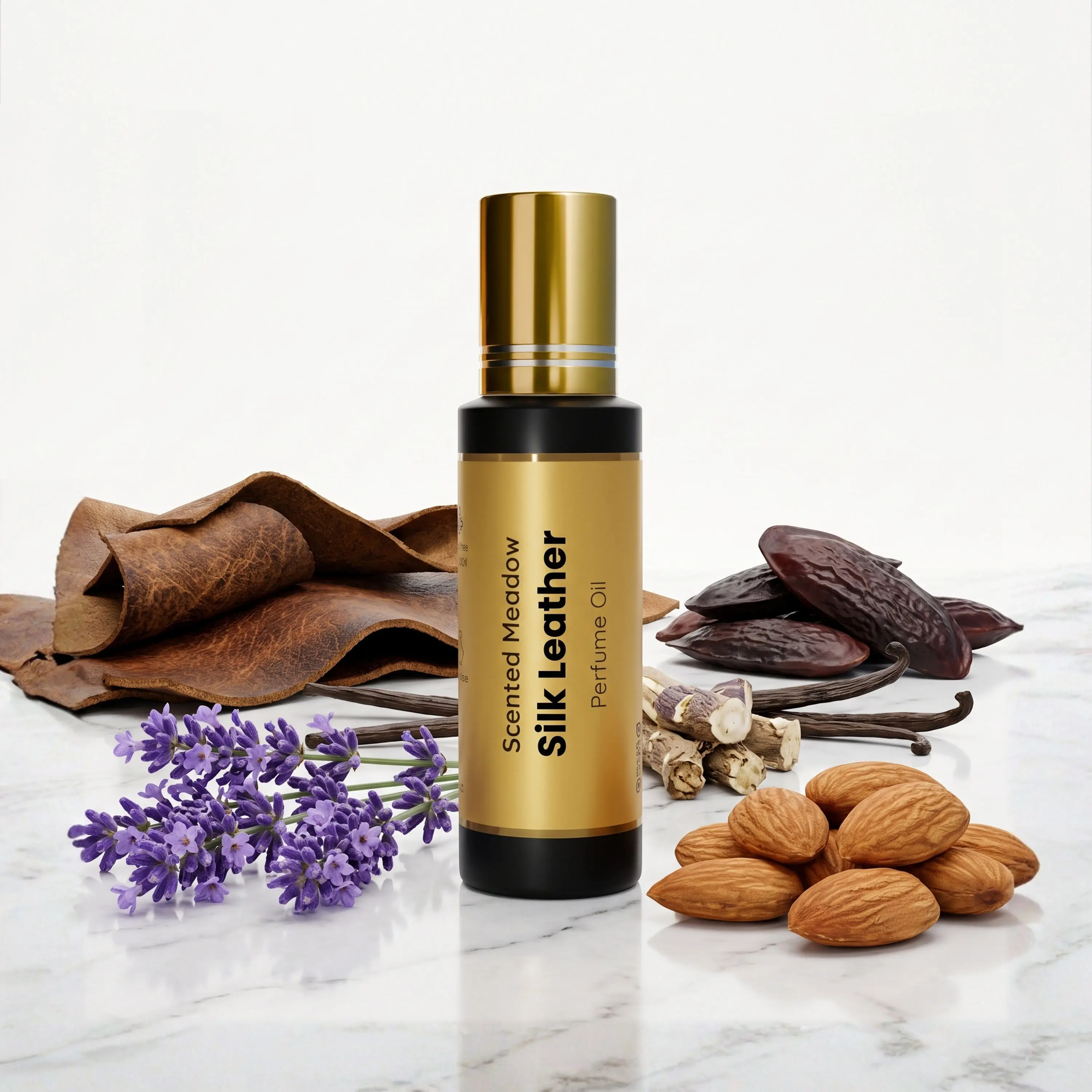 Scented Meadow Silk Leather – Bitter Almond & Suede Leather Vanilla Luxury Concentrated Perfume Oil for Men – Long Lasting Alcohol-Free Roll-On