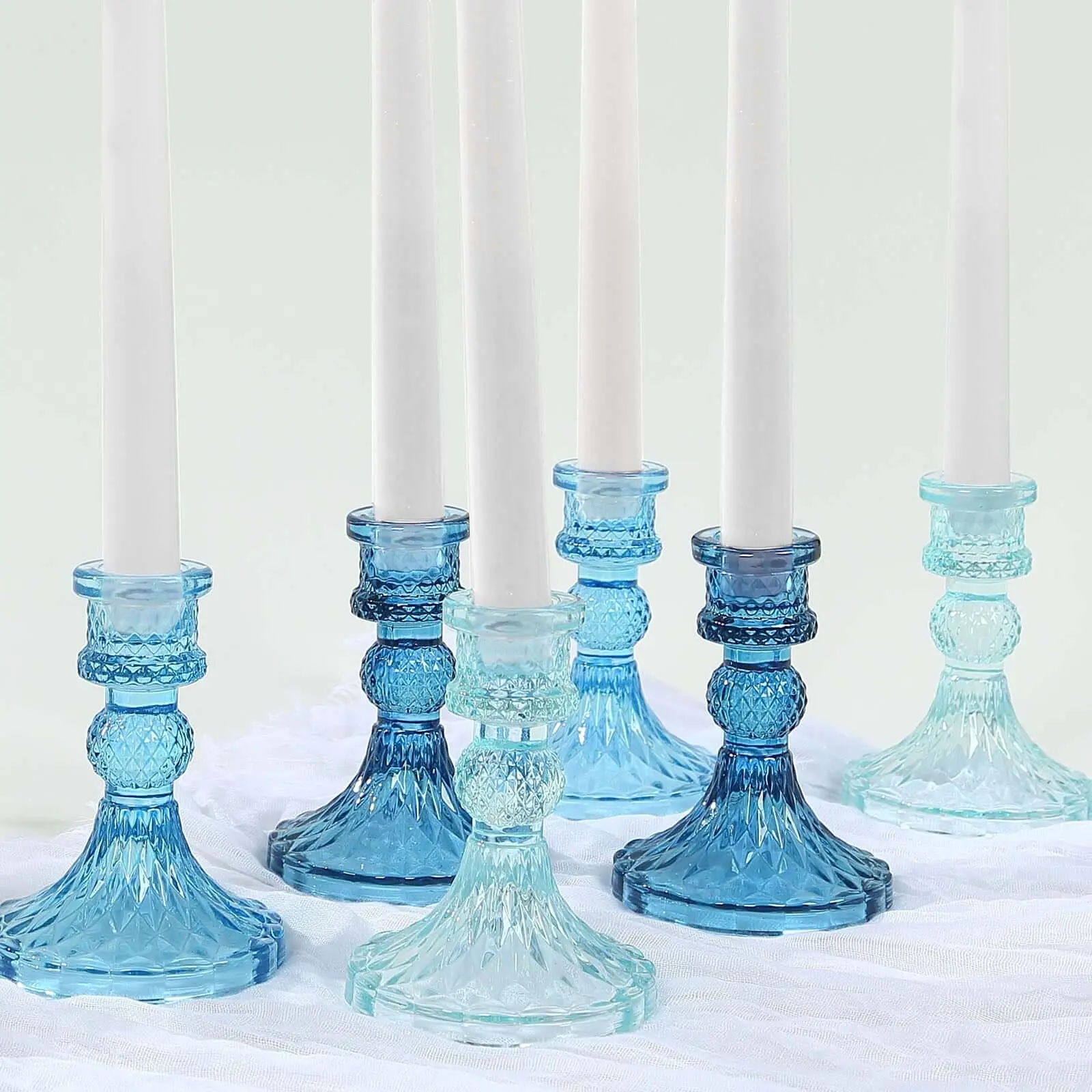 6-Pack 4" Glass Taper Candlestick Holders - Diamond Pattern Assorted Blue Reversible Crystal Votive Stands for Home Goods, Decorations Supplies, Party, Wedding Home Decor