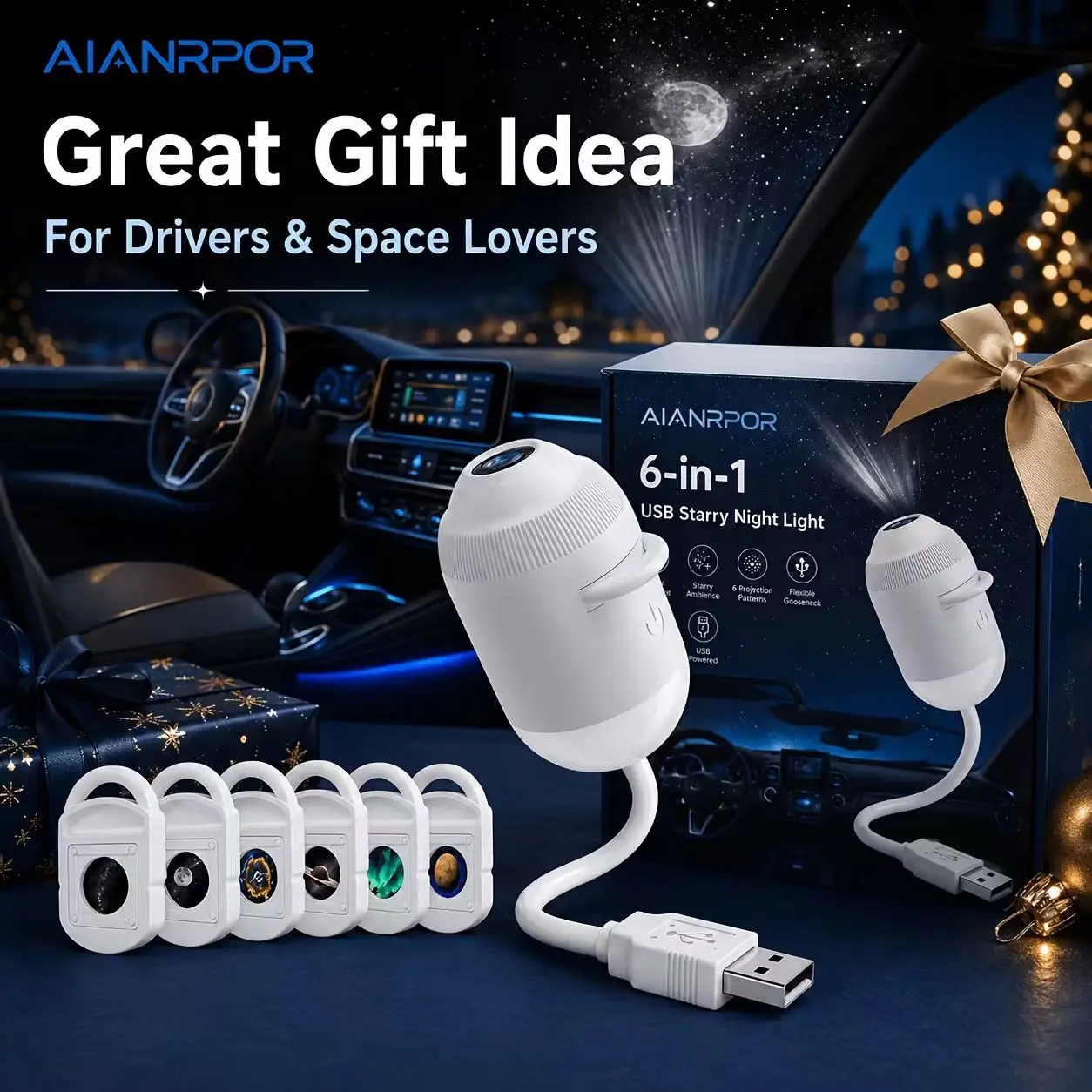 Dreamy Galaxy Starry Sky Projection Night Light – USB-Powered Bedroom Ambiance Light with Moon, Galaxy, and Universe Designs; Suitable for Bedside Use; Includes 6 Projection Discs