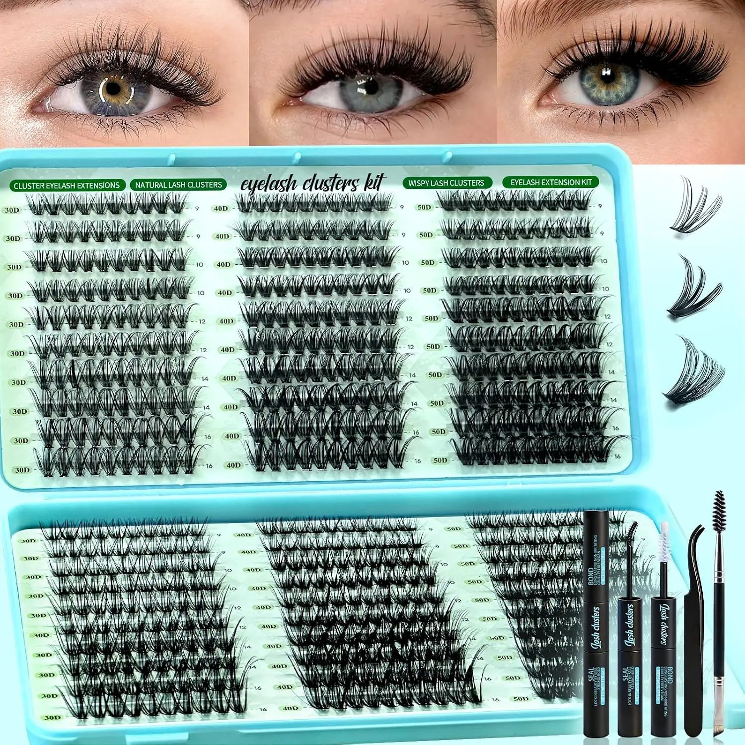 600pcs Wispy Lash Clusters Kit D Curl Lashes Cluster Natural Look Eyelashes 30D 40D 50D, 9-16mm