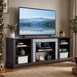 Eyisean 70" Modern TV Stand with Realistic Stacked Stone Surround, Entertainment Center for TVs Up to 75", Wood Media Console Table with Adjustable Shelf & Open Storage, Large Storage Space, Living Room Furniture