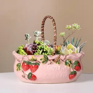 Creative Portable Strawberry Ceramic Basket Flower Pot Relief Tote Desk Potted Plants Modern Living Room Home Decoration