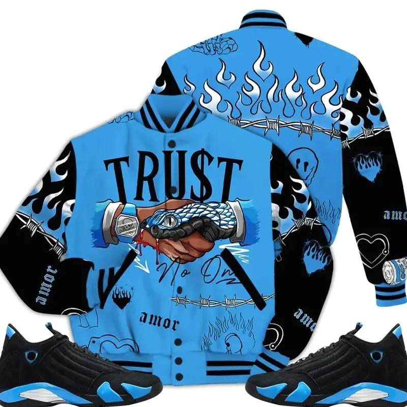 14 University Blue Outfits, Black University Blue 14s Varsity Jacket, Baseball Jacket for Men and Women, Varsity Sport Style, Casual Wear