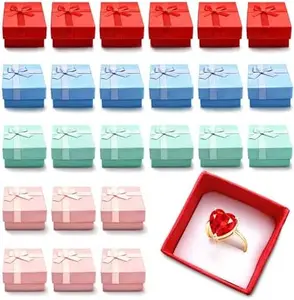 24Pcs Earring Boxes for Jewelry Gift - Ring Jewelry Box Set, Small Box with Ribbon and Soft Foam Inside - Cardboard Earring Boxes Bulk with Lids | Great for Mothers Day Gift Packaging and Presentation