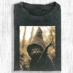 WIZARD CAT Vintage Tee, Cat T-Shirt, Meme Cringe Funny Dumb Shirts, Unisex Movie Shirt Menswear Womenswear Streetwear110812