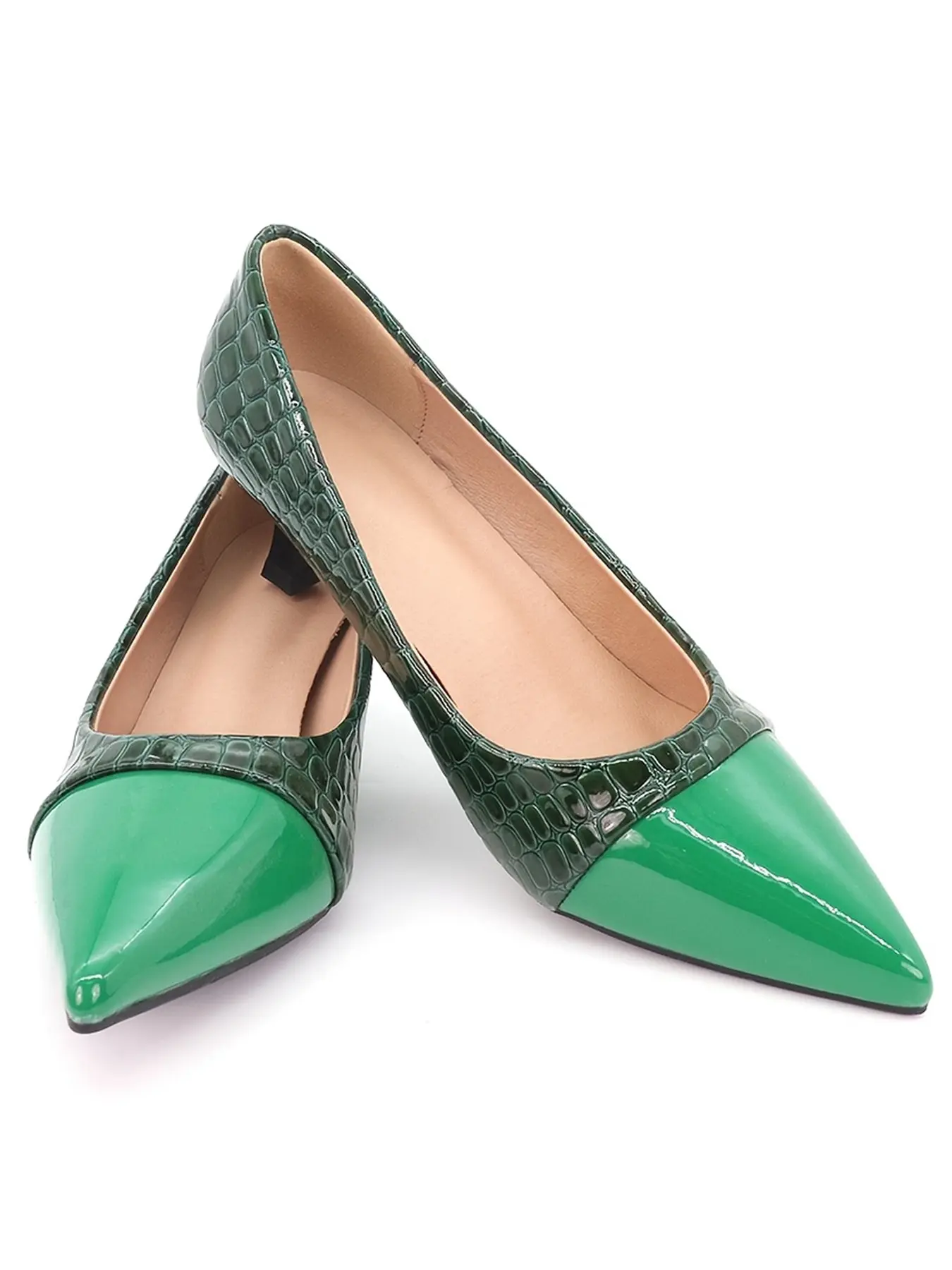Elegant Green Faux Croc Heels 1.96in - Premium Colorblock Faux Leather, Comfortable Platform & Open Ankle, Versatile Casual Daily Pumps
