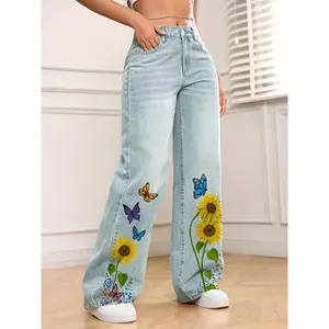 Women'S High Waist Butterfly Embroidered Jeans - Sweet And Spicy Light Blue Printed Loose Straight Tube Style, Butterfly Knot Detail Casual Style