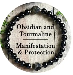 Obsidian & Black Tourmaline Beaded Bracelet for Men and Women, Polished Stone Adjustable Bracelet, Meaningful Gift for Holidays Durability High Quality Minimalist Aesthetic