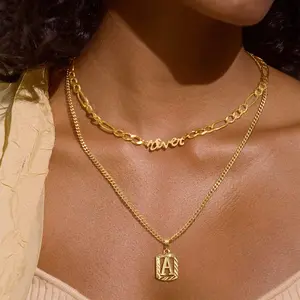 Gold Initial Necklace for Women, 14K Gold Plated Square Letter Pendant Charm Necklace Cuban Chain Capital Alphabets from A-Z & Jewelry for Christmas Gifts