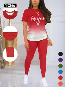 Women's Ombre Letter Print Tee & Skinny Pants Set, Casual Womenswear Short Sleeve Round Neck T-Shirt & Trousers For Daily Wear, Ladies Fitted Two Piece Outfits For All Seasons