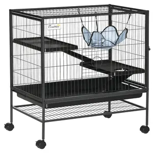 PawHut Small Animal Cage with Wheels, Pet Playpen for Rat, Syrian Hamster, Kitten, Ferrets, Chinchillas with Bottom Storage Shelf, Removable Tray, Ramp, 31.5" x 20.5" x 33.1"