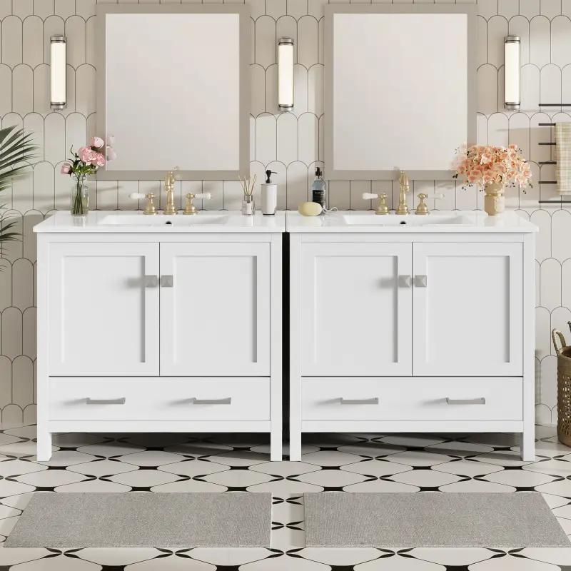 72" White Bathroom Vanity with Ceramic Sink, Soft-Close Doors, Double Storage Shelves & Divided Drawer – Modern Bathroom Cabinet with Ample Storage   WL