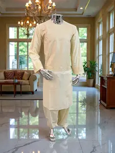 Men’s Cream Parahan Tumban with Matching Embroidery – Afghan Traditional Outfit (Medium)