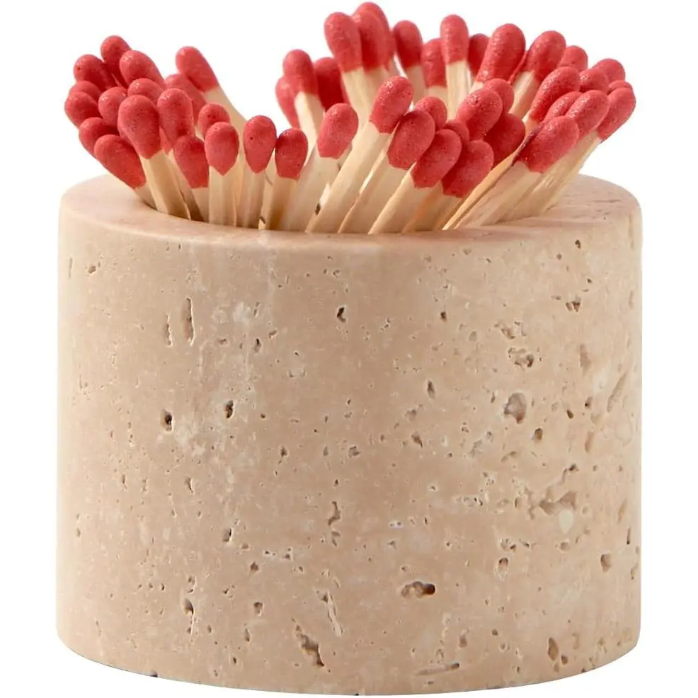 Luxury Natural Light Beige Travertine Marble Match Holder with Striker – 2.5" x 2" Decorative Matchbox for Bathroom Candles & Fireplace, Cute Match Jar for Home Decor Gift (Matches Not Included)