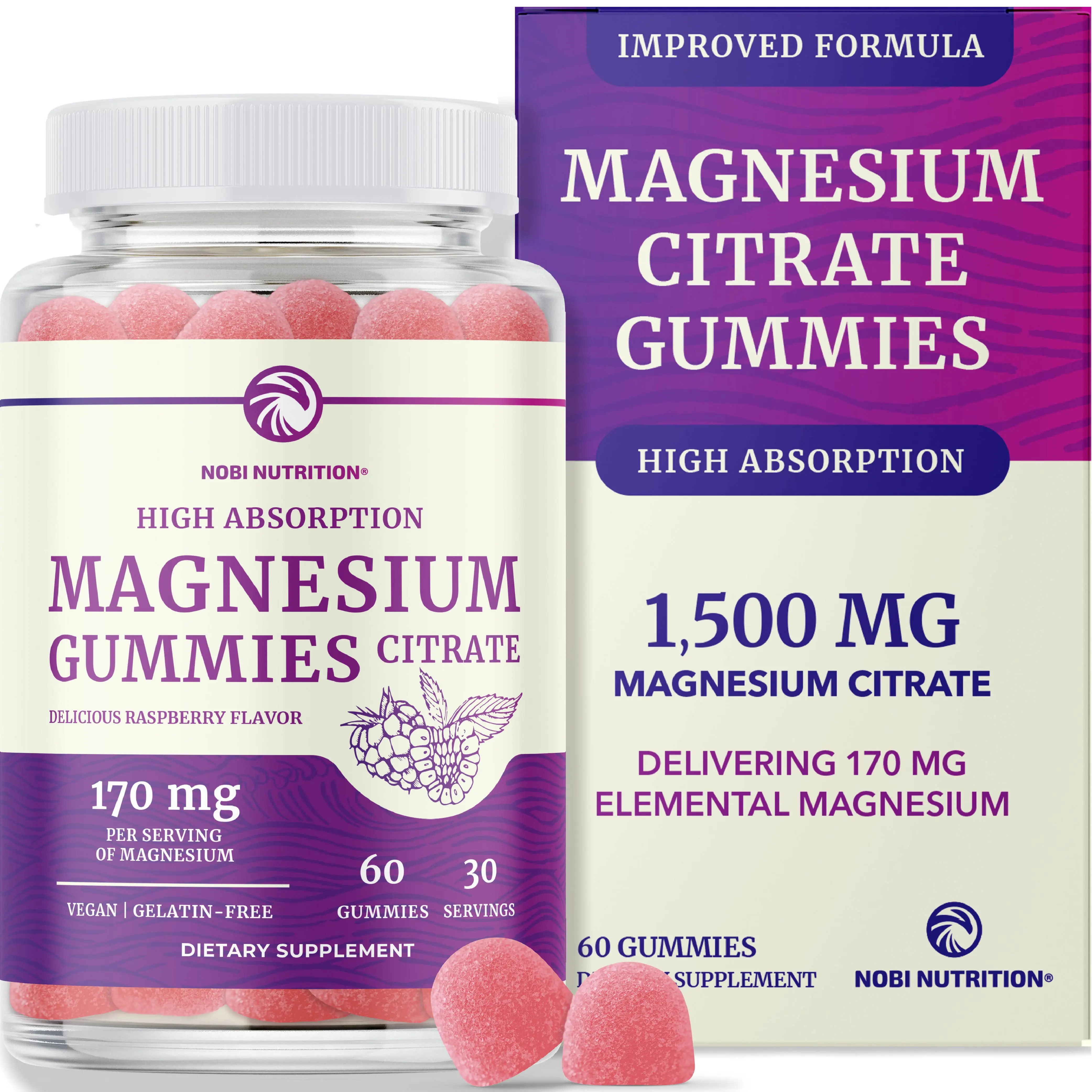 Nobi Nutrition High Absorption Magnesium Citrate Gummies 1500mg Raspberry Flavor 60 Count Vegan Gelatin-Free for Calm Relaxation & Digestion