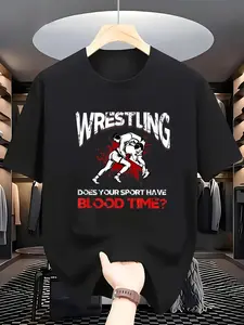 Men's 100% Wrestling Tee - Does Your Sport Have Blood Time Graphic, Black Crew Neck, S-XXXL, Durable & Breathable, Ideal for Fans & Athletes, Wrestling T Shirt Halloween Gift