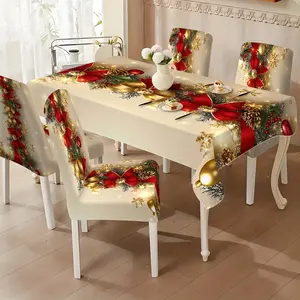 4/6pcs Retro Red & Golden Christmas Chair Cover Set with Wreath Print  Elastic Fits Round/Rectangular Tables Golden Bow Accent Machine Washable Polyester-Like Holiday Dining Decorations for Xmas Parties