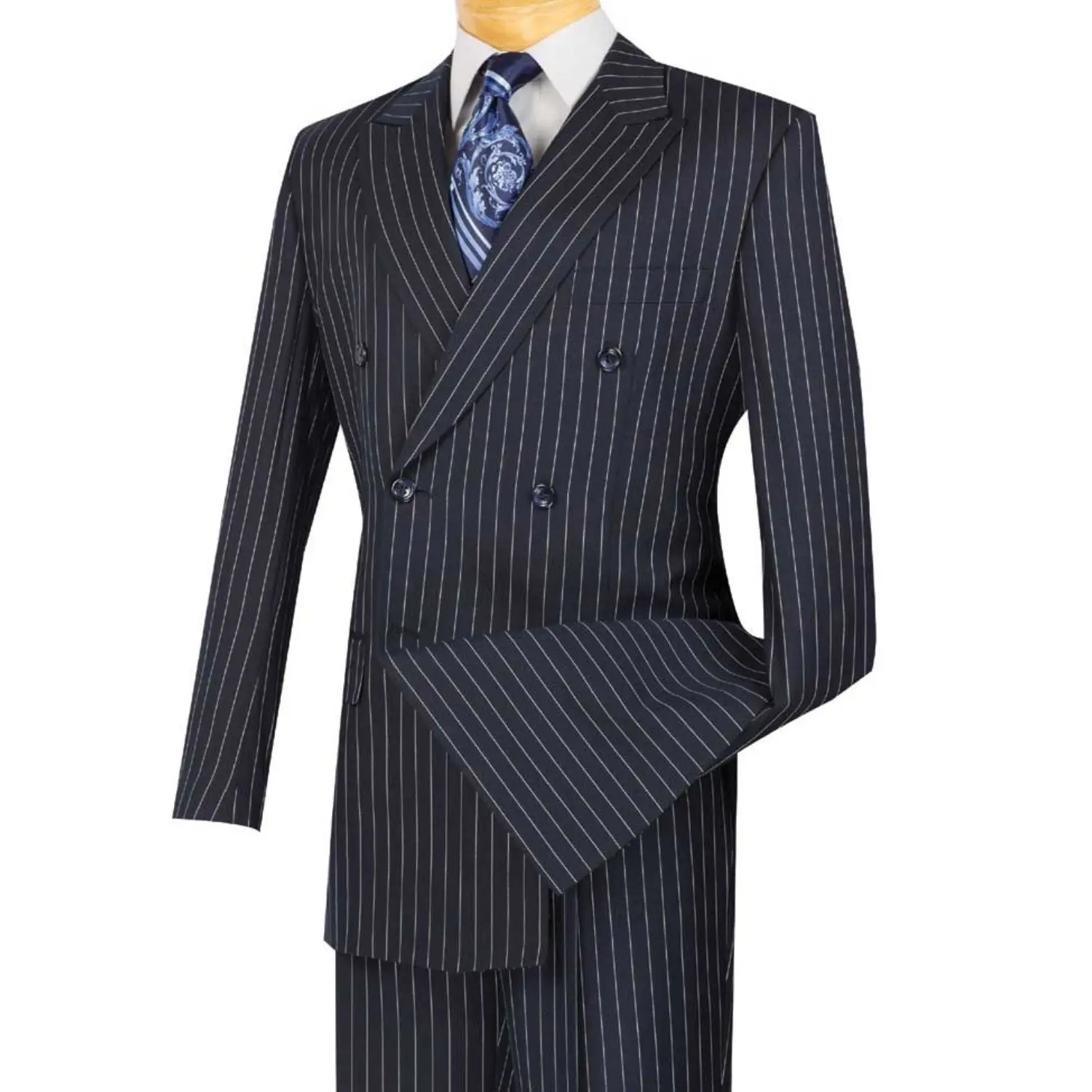 Men’s Gangster Stripe Double-Breasted 2-Piece Suit Peak Lapel - Navy