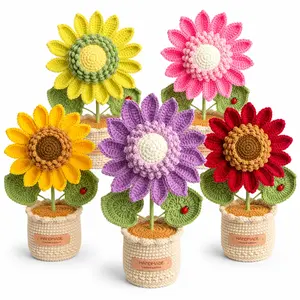 Handmade Crochet Sunflower & Mum Flower Potted Knitted Decorations for Home Office Car Desk Party Anniversary Christmas Gift Ideas Yellow Decorative