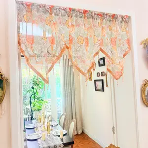 French Vintage Triangle Curtain, Floral Fringe Beaded Sheer Drapery, No Drill Decorative Curtain for Living Room Bedroom Kitchen, American Luxury Lace Door Header Curtain