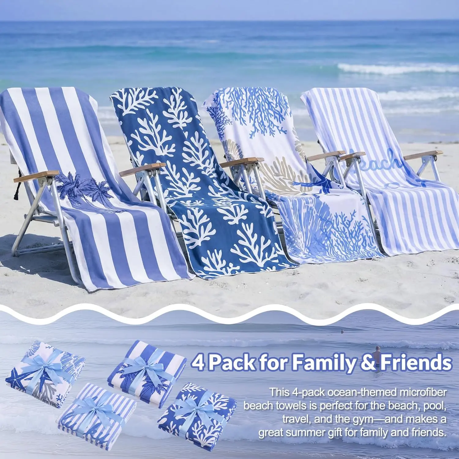 4-Pack Oversized Microfiber Beach Towels (70x35 in), Quick-Dry Sand-Free Lightweight Ocean Coastal Print Towels for Adults, Pool & Travel Use