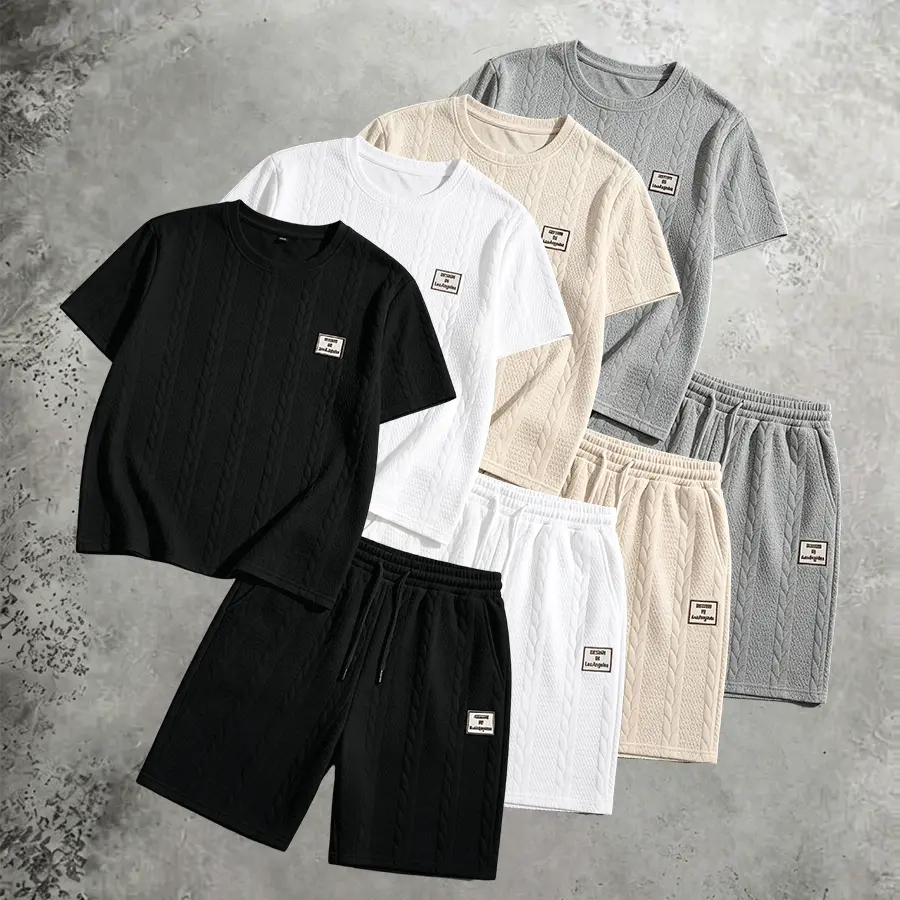 Men's Casual 2-Piece Set | Stylish Textured Short Sleeve Crew Neck T-Shirt and Drawstring Waist Shorts for Everyday Wear, Menswear, Plain, Shortsleeve, Clothes, Fashion, Top, Two Piece Set