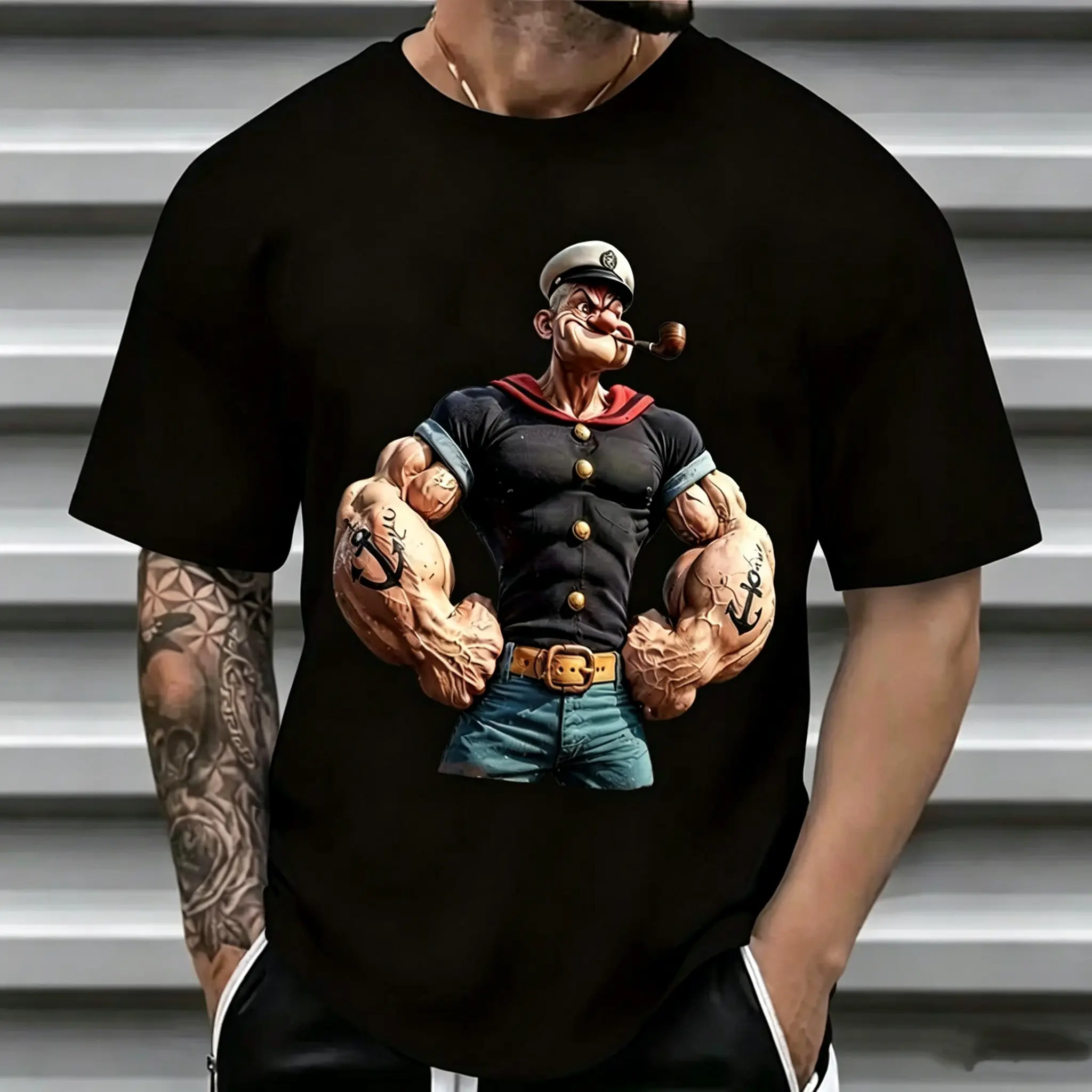 Men's Cartoon Print Popeye T-Shirt - Short-Sleeve Round Neck Menswear Top with Anchor, Hat, Pipe, Muscle Designs, Casual Logo Style for Watch Parties, Watch Party, No
