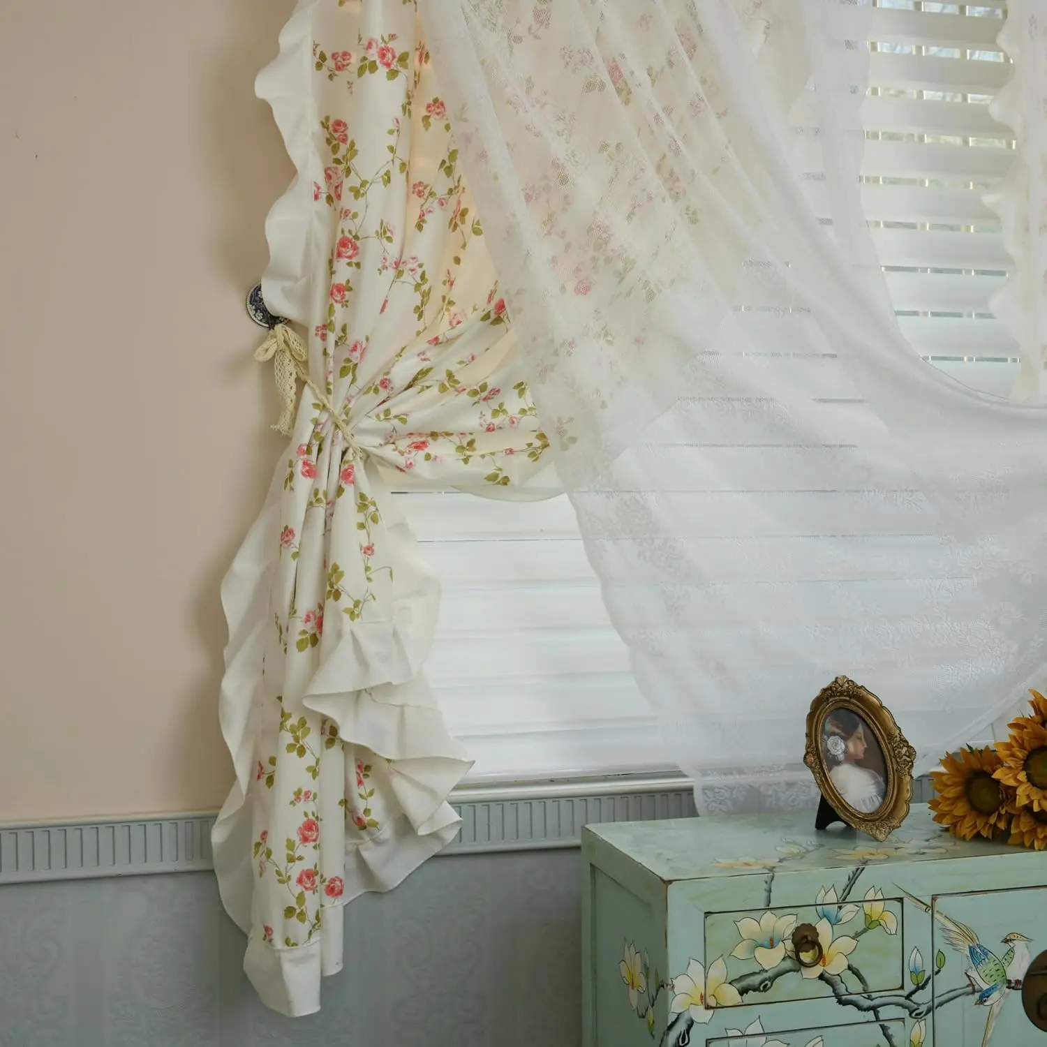 Double Layer Ruffle Curtains for Bedroom Girls Room Sheer Overlay with Tiebacks Cute  Farmhouse  Country Pastoral Floral 2 Panels (61" W x 39" L (Pack of 2))