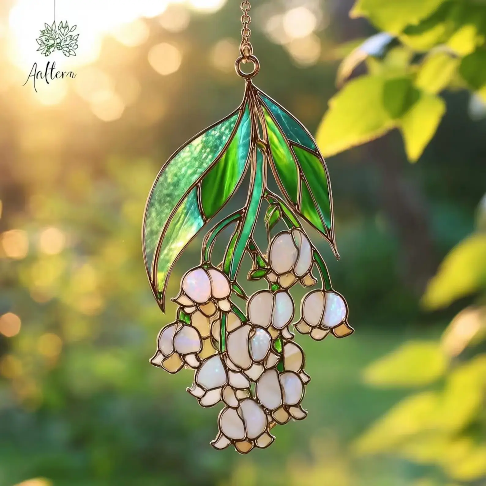 Lily of the Valley Stained Glass Suncatcher Window Hanging, Handmade Botanical Flower Art Ornament with Chain, Perfect Gift for Garden Lovers & Mother's Day, Elegant Cottagecore Room Decor