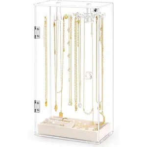 Necklace Holder, Acrylic Jewelry Organizer with 24 Hooks, Rotation Clear Necklaces Pendant Display Case Stand, Dust-proof Velvet Tray Hanging Rack Storage for Earrings Rings