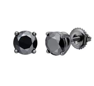 Black Moissanite Solitaire Stud Earrings 5.5-7.5MM Screw Back for mens — 925 Sterling Silver GRA Certified
