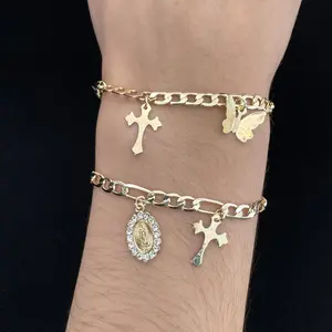 Gold Plated Elephant Butterfly Dolphin Star Shell Cross Virgin Mary Turtle Clover Heart Bracelet Anklets 2 IN 1